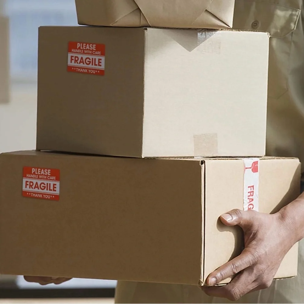 Red Fragile Handle with Care labels (30 stickers)